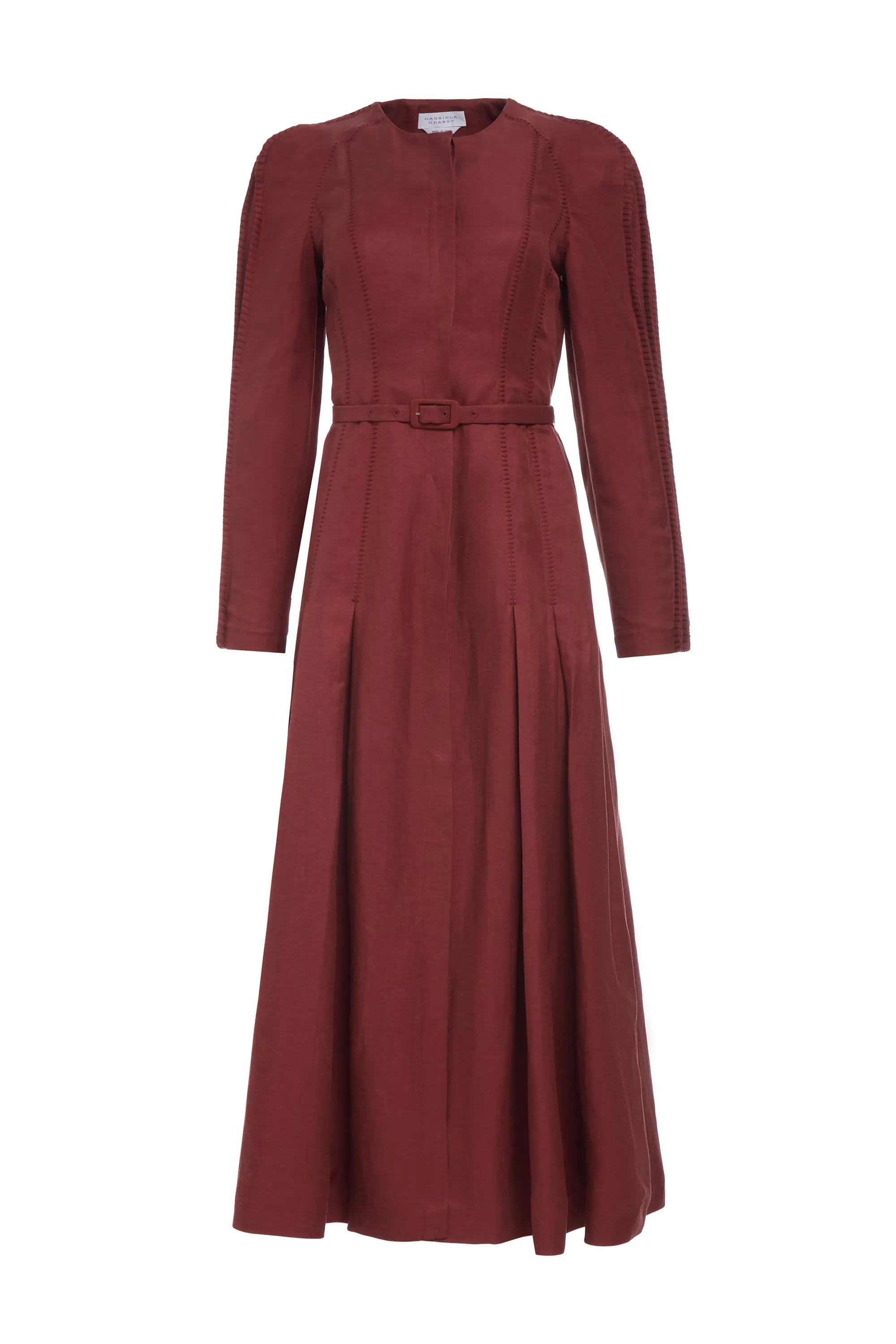 Niles Pleated Maxi Shirtdress in Burnt Sienna Linen Silk Twill sold by Gabriela Hearst