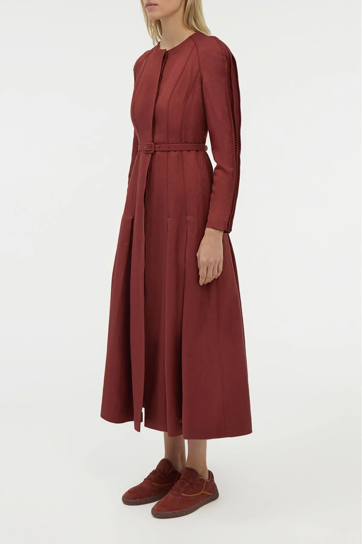 Niles Pleated Maxi Shirtdress in Burnt Sienna Linen Silk Twill sold by Gabriela Hearst product image thumbnail 3