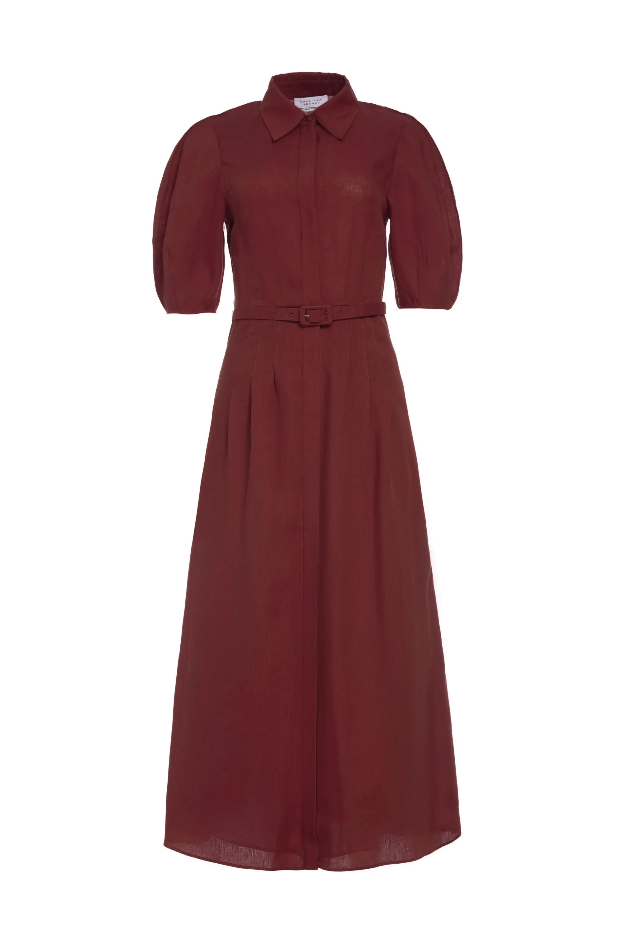 Maude Pleated Midi Shirtdress in Burnt Sienna Aloe Linen sold by Gabriela Hearst
