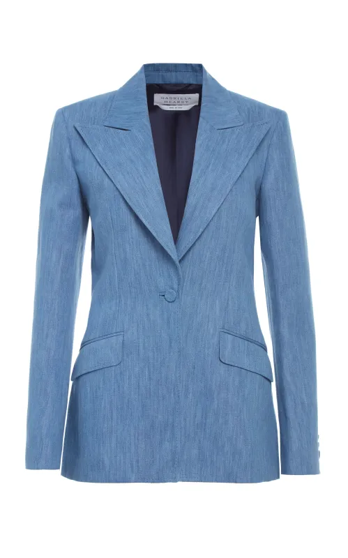 Leiva Blazer in Medium Blue Recycled Cotton Linen Denim sold by Gabriela Hearst