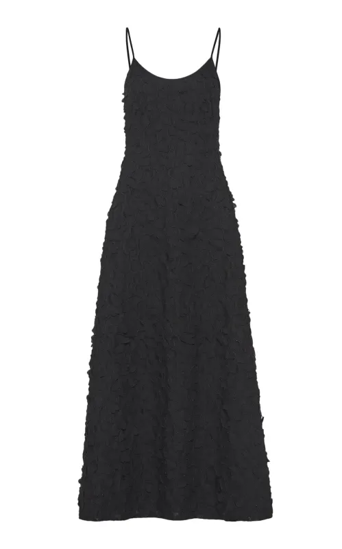 Nexus Embroidered Leaves Dress in Black Linen sold by Gabriela Hearst