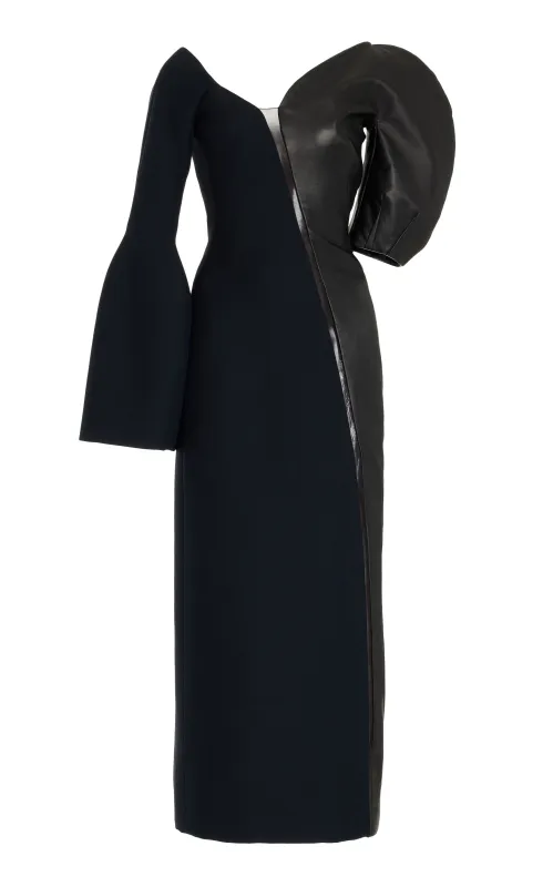 Merlin Midi Dress in Black Wool Silk Cady and Nappa Leather sold by Gabriela Hearst