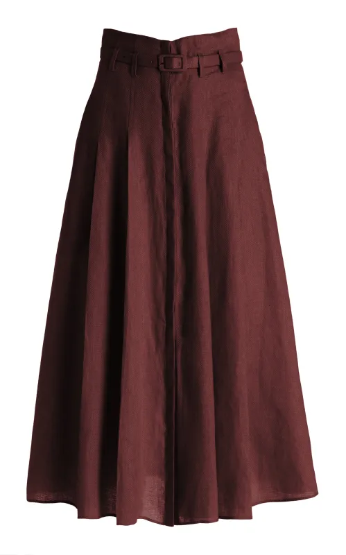 Dugald Pleated Midi Skirt in Deep Bordeaux Linen sold by Gabriela Hearst