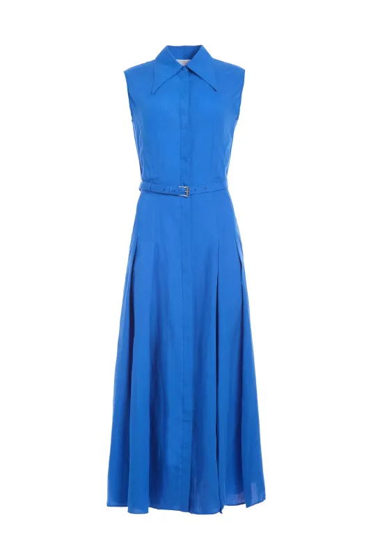 Durand Pleated Maxi Shirtdress in Sapphire Aloe Linen sold by Gabriela Hearst