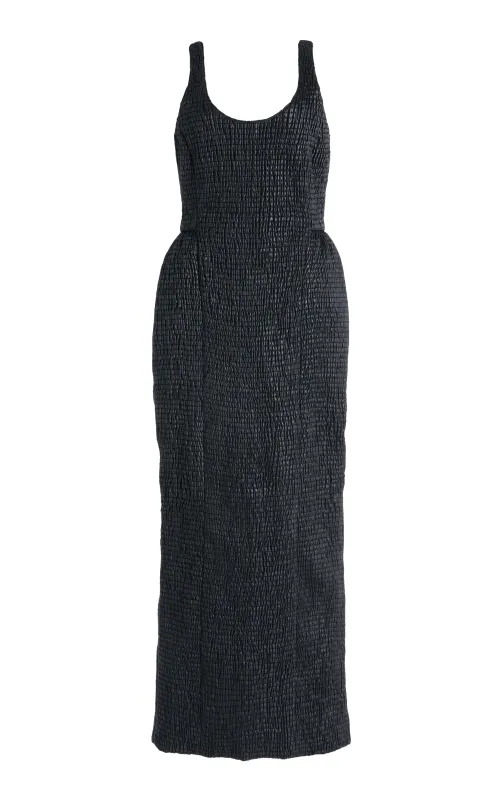 Girard Shirred Maxi Dress with Lining in Black Pearlized Nappa Leather sold by Gabriela Hearst