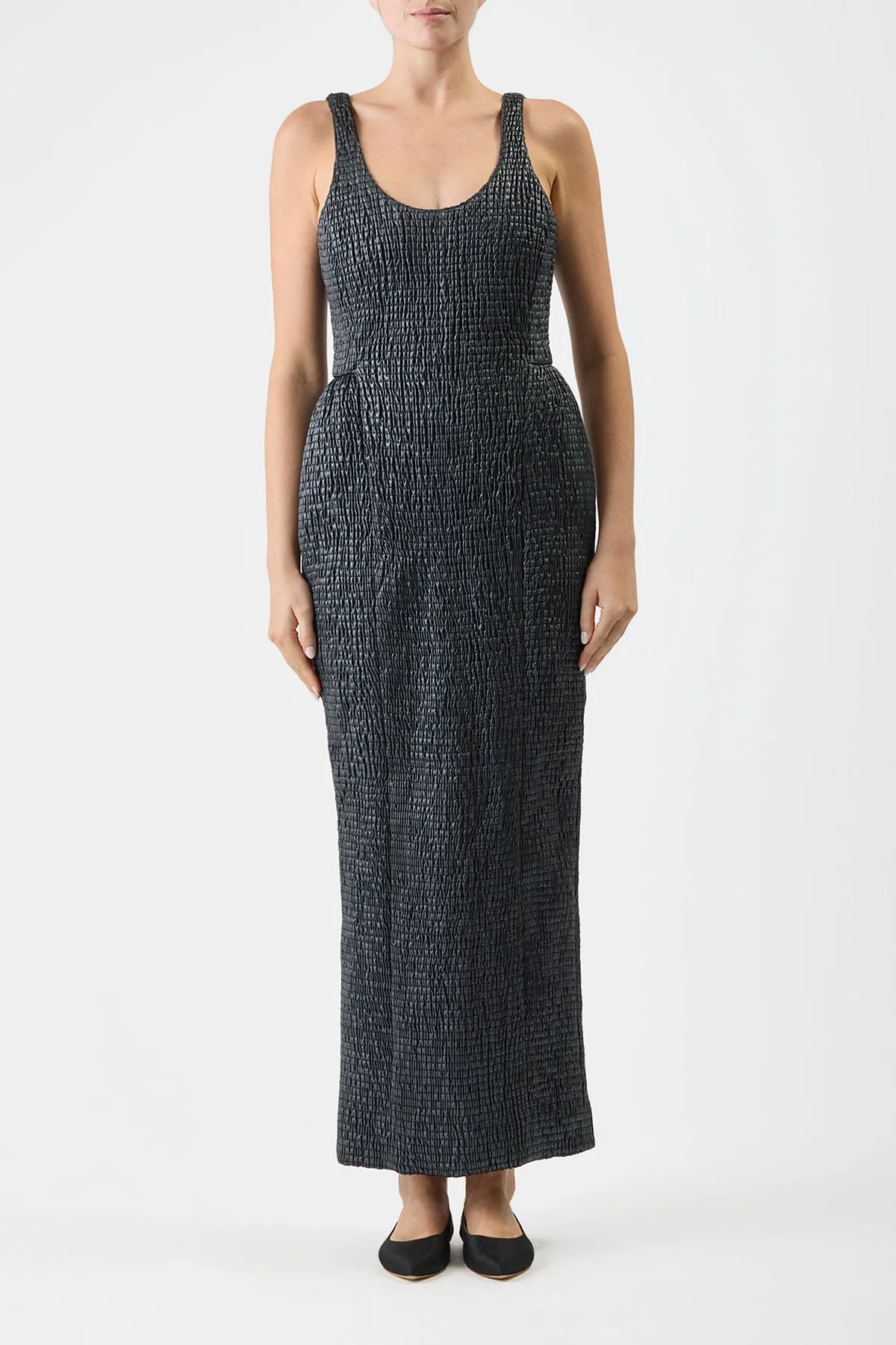 Girard Shirred Maxi Dress with Lining in Black Pearlized Nappa Leather sold by Gabriela Hearst product image thumbnail 2