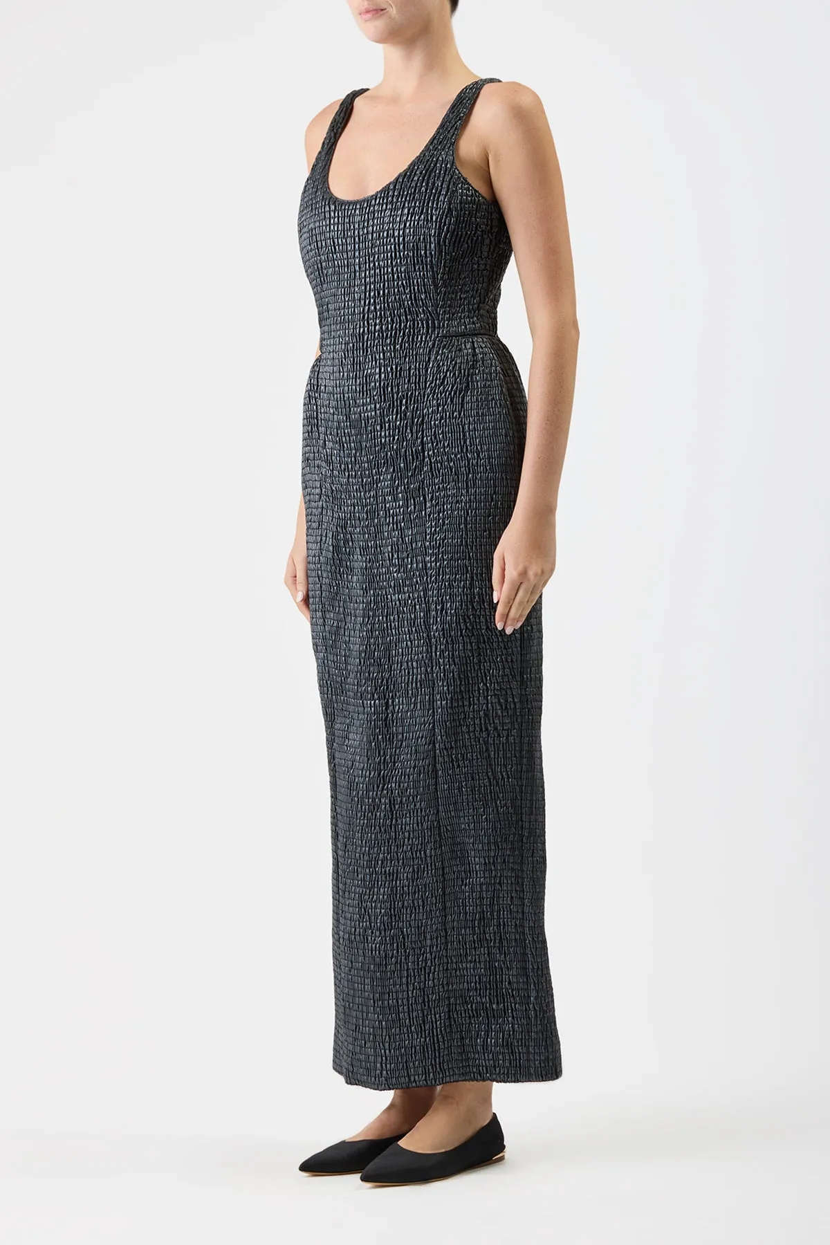 Girard Shirred Maxi Dress with Lining in Black Pearlized Nappa Leather sold by Gabriela Hearst product image thumbnail 3