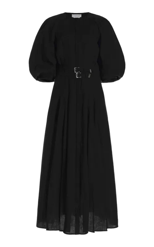 Elea Pleated Maxi Dress in Black Aloe Linen sold by Gabriela Hearst