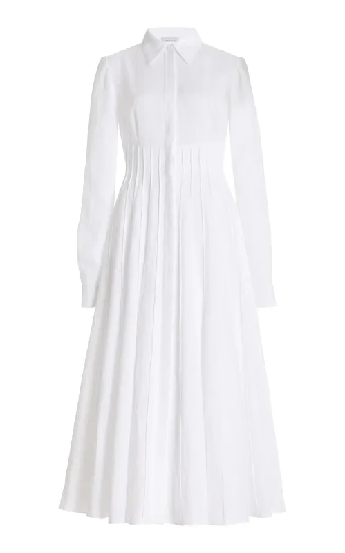 Dewi Pleated Maxi Shirtdress in White Aloe Linen sold by Gabriela Hearst