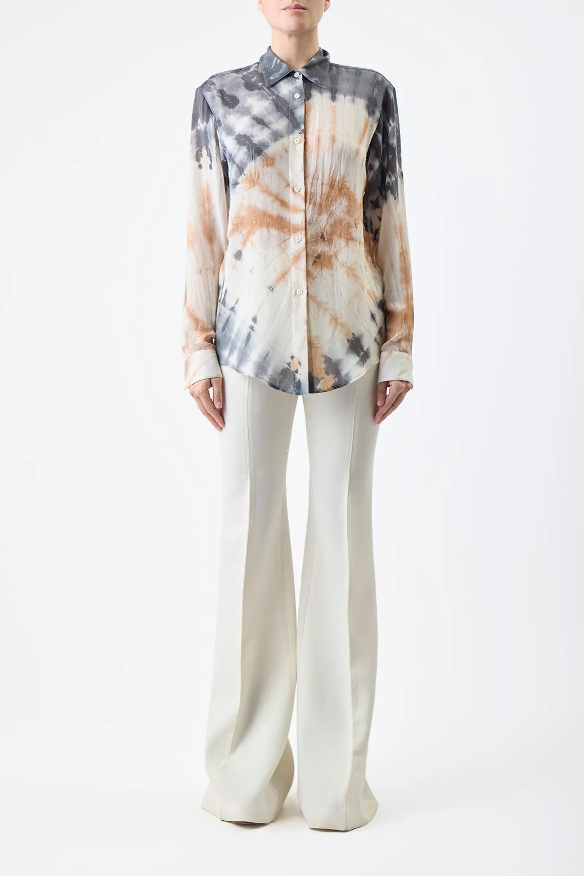 Ferrara Shirt in Camel Multi Tie Dye Cashmere Silk Gauze sold by Gabriela Hearst