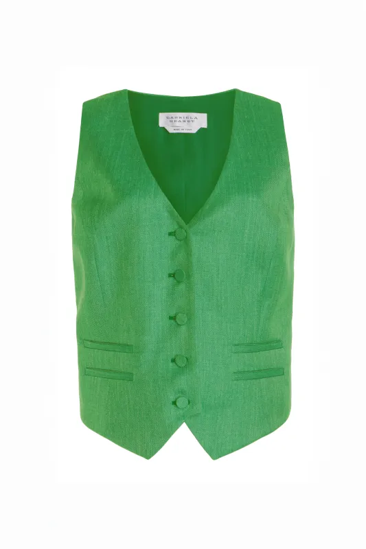 Coleridge Vest in Peridot Green Virgin Wool and Silk Linen sold by Gabriela Hearst