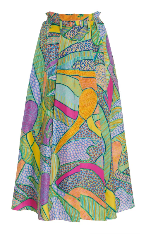 Dugald Pleated Midi Skirt in Green Multi Printed Silk Twill sold by Gabriela Hearst