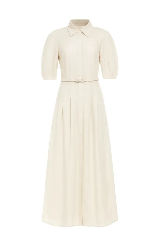 Maude Pleated Midi Shirtdress in White Aloe Linen made by Gabriela Hearst
