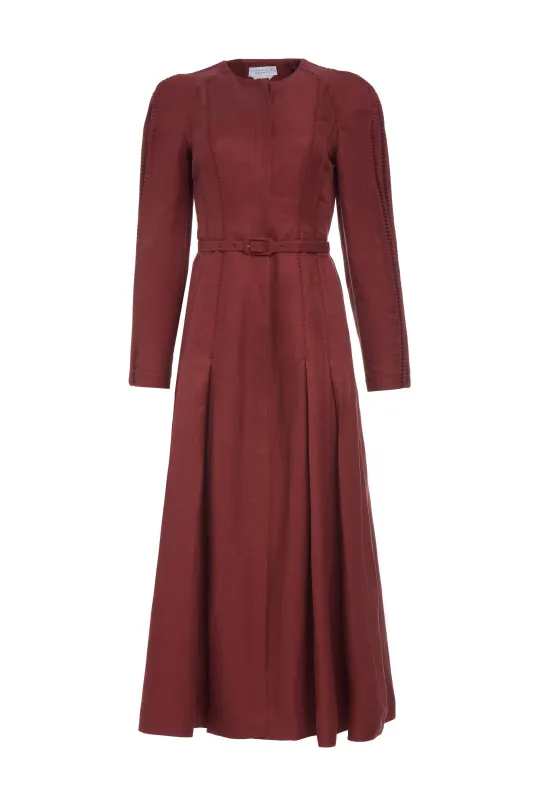Niles Pleated Maxi Shirtdress in Burnt Sienna Linen Silk sold by Gabriela Hearst