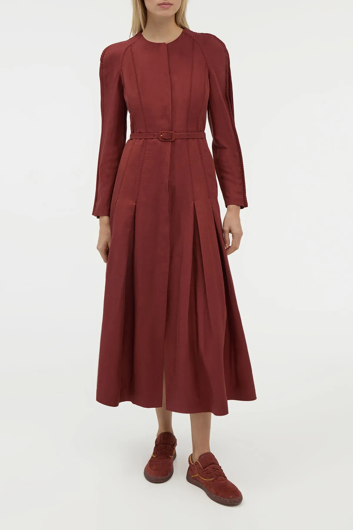 Niles Pleated Maxi Shirtdress in Burnt Sienna Linen Silk sold by Gabriela Hearst product image thumbnail 2
