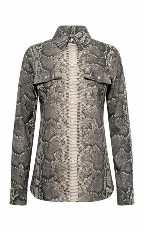 John Austin Shirt in Greyscale Recycled Printed Cotton Denim sold by Gabriela Hearst