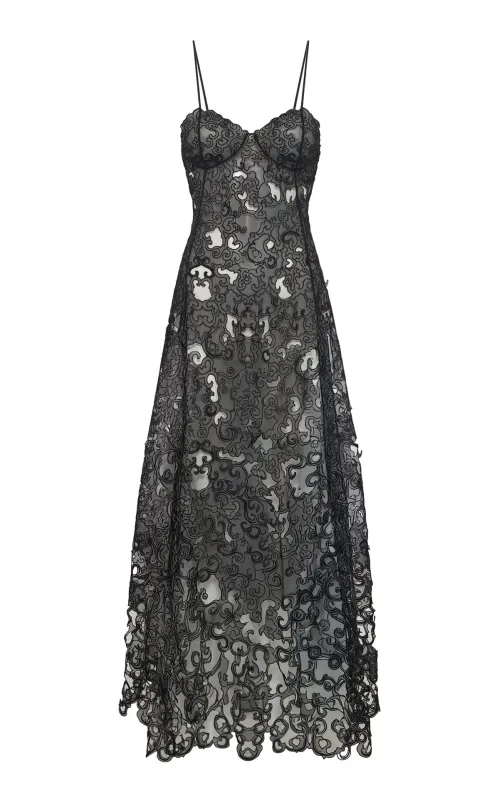 Luma Slip Midi Dress in Black Silk Organza Lace sold by Gabriela Hearst