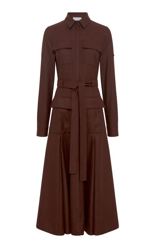 Meyer Pleated Maxi Shirtdress in Burnt Sienna Wool Cashmere Flannel sold by Gabriela Hearst