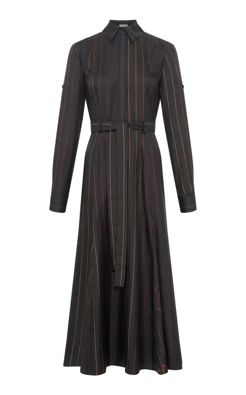 Galway Shirtdress in Charcoal Multi Pinstripe Silk Twill sold by Gabriela Hearst
