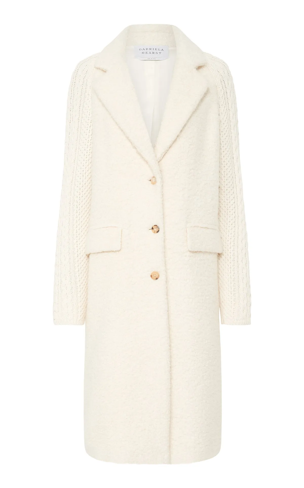 Charles Coat in Ivory Recycled Cashmere Boucle with Cable-knit Sleeves sold by Gabriela Hearst