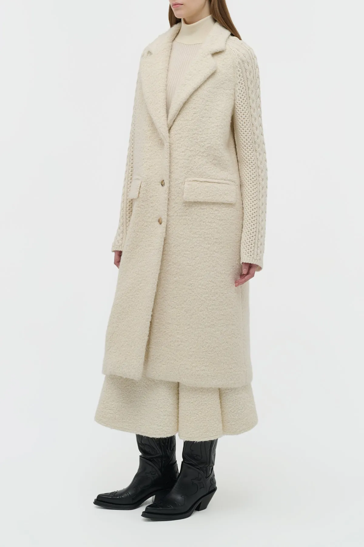 Charles Coat in Ivory Recycled Cashmere Boucle with Cable-knit Sleeves sold by Gabriela Hearst product image thumbnail 3