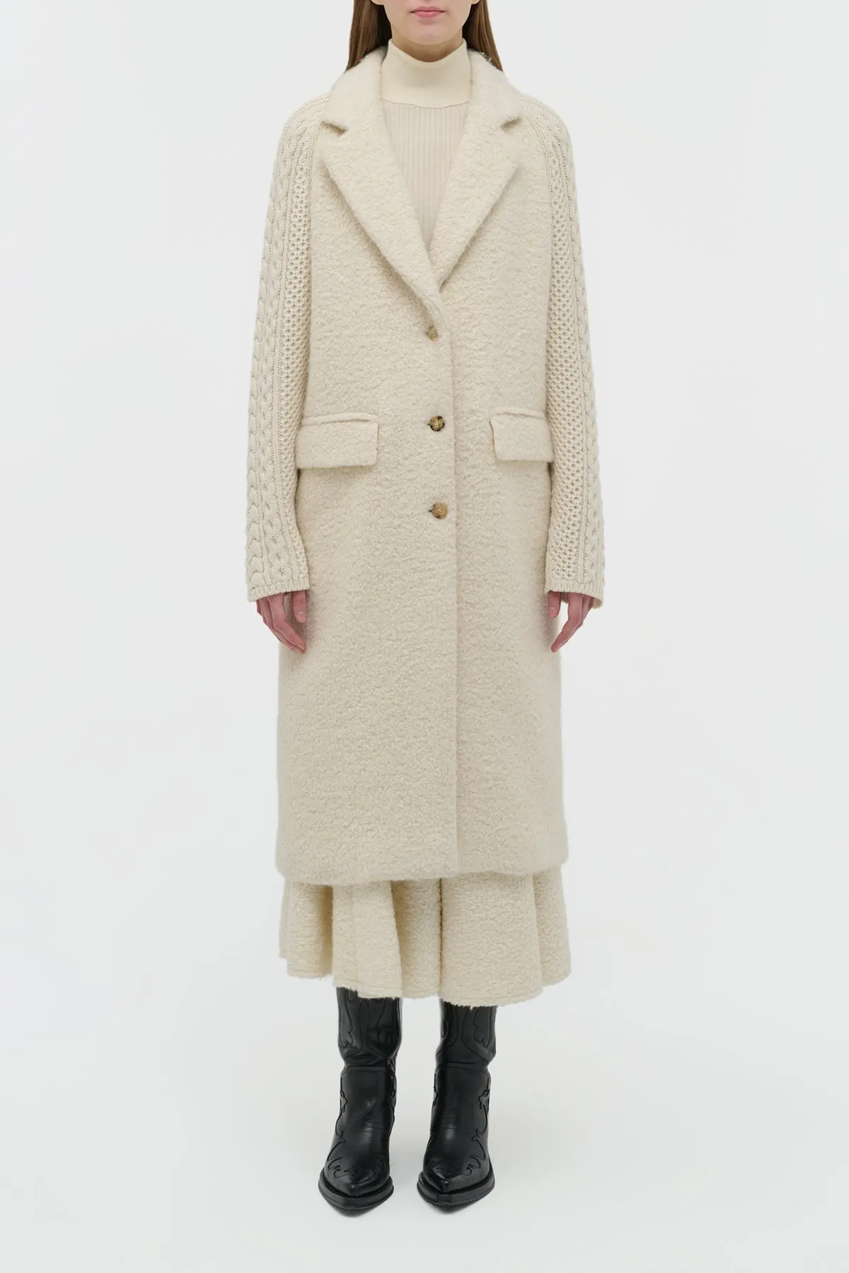 Charles Coat in Ivory Recycled Cashmere Boucle with Cable-knit Sleeves sold by Gabriela Hearst product image thumbnail 2