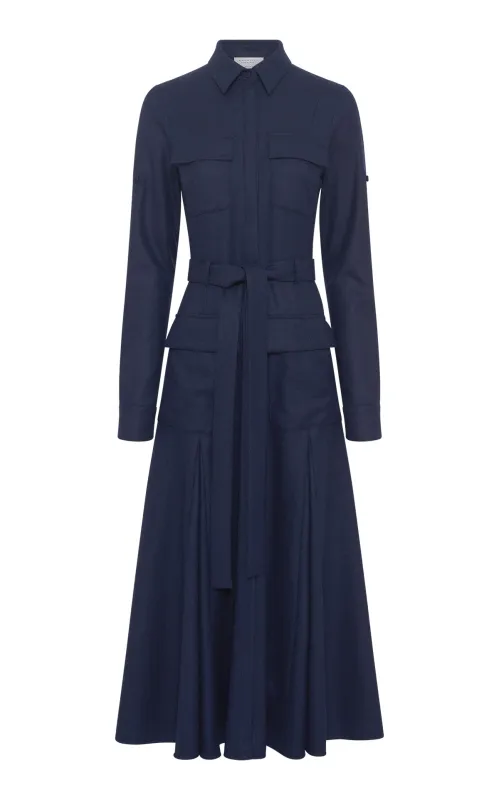 Meyer Pleated Maxi Shirtdress in Navy Wool Cashmere Flannel sold by Gabriela Hearst