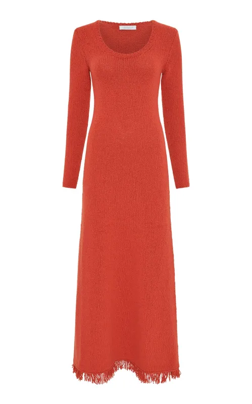 Maribel Fringe Knit Maxi Dress in Antelope Orange Cashmere sold by Gabriela Hearst