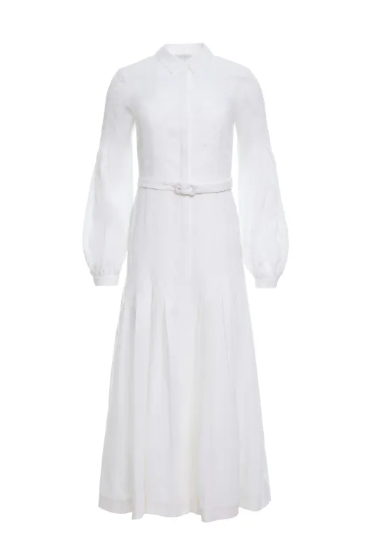 Aleka Pleated Midi Shirtdress in White Aloe Linen sold by Gabriela Hearst