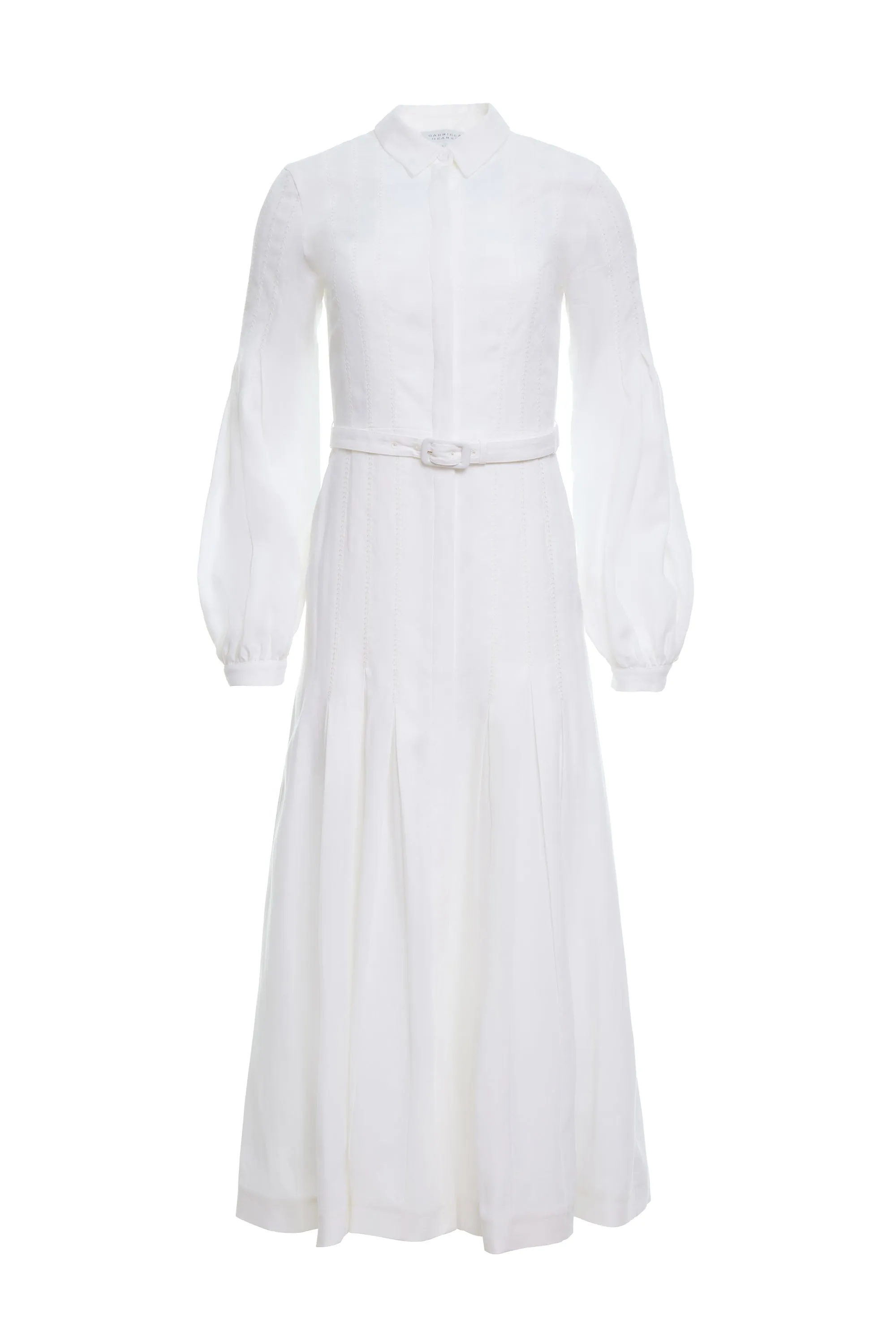 Aleka Pleated Midi Shirtdress in White Aloe Linen sold by Gabriela Hearst