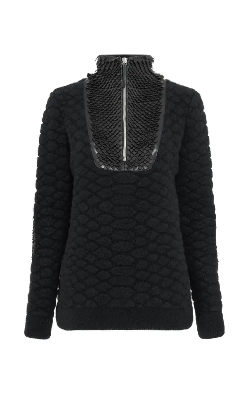 Isha Knit Mock Funnel Neck in Black Nappa Leather Snake Scales & Cashmere sold by Gabriela Hearst