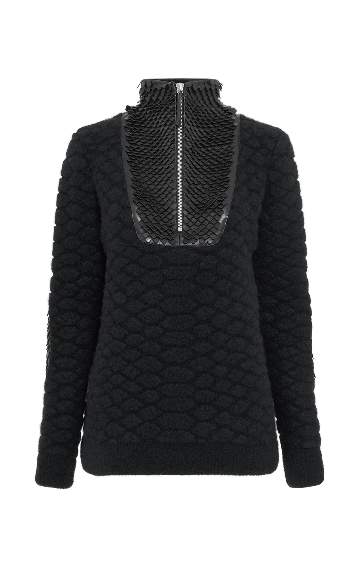 Isha Knit Mock Funnel Neck in Black Nappa Leather Snake Scales & Cashmere sold by Gabriela Hearst