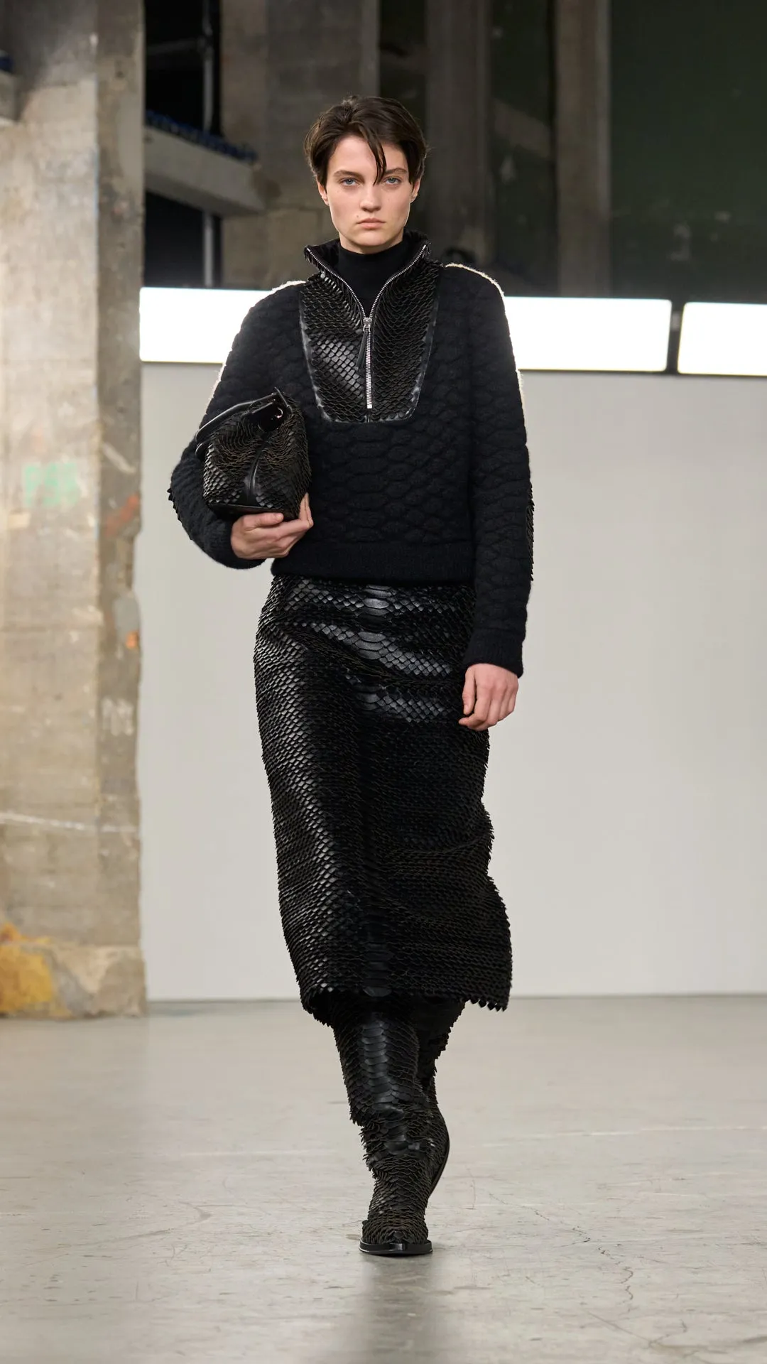 Isha Knit Mock Funnel Neck in Black Nappa Leather Snake Scales & Cashmere sold by Gabriela Hearst product image thumbnail 2