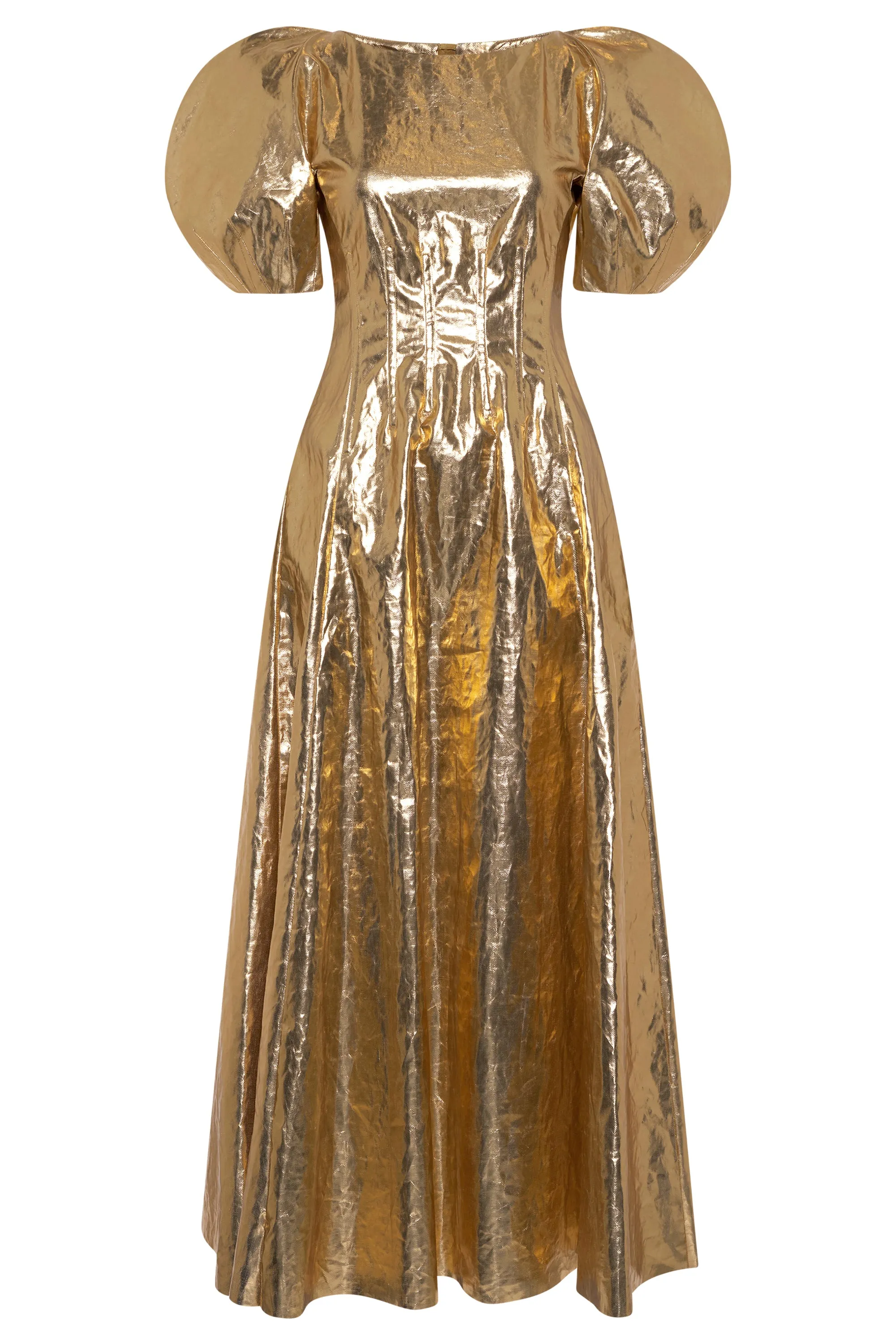 Ranya Puff Sleeve Maxi Dress in Metallic Gold Linen Twill sold by Gabriela Hearst
