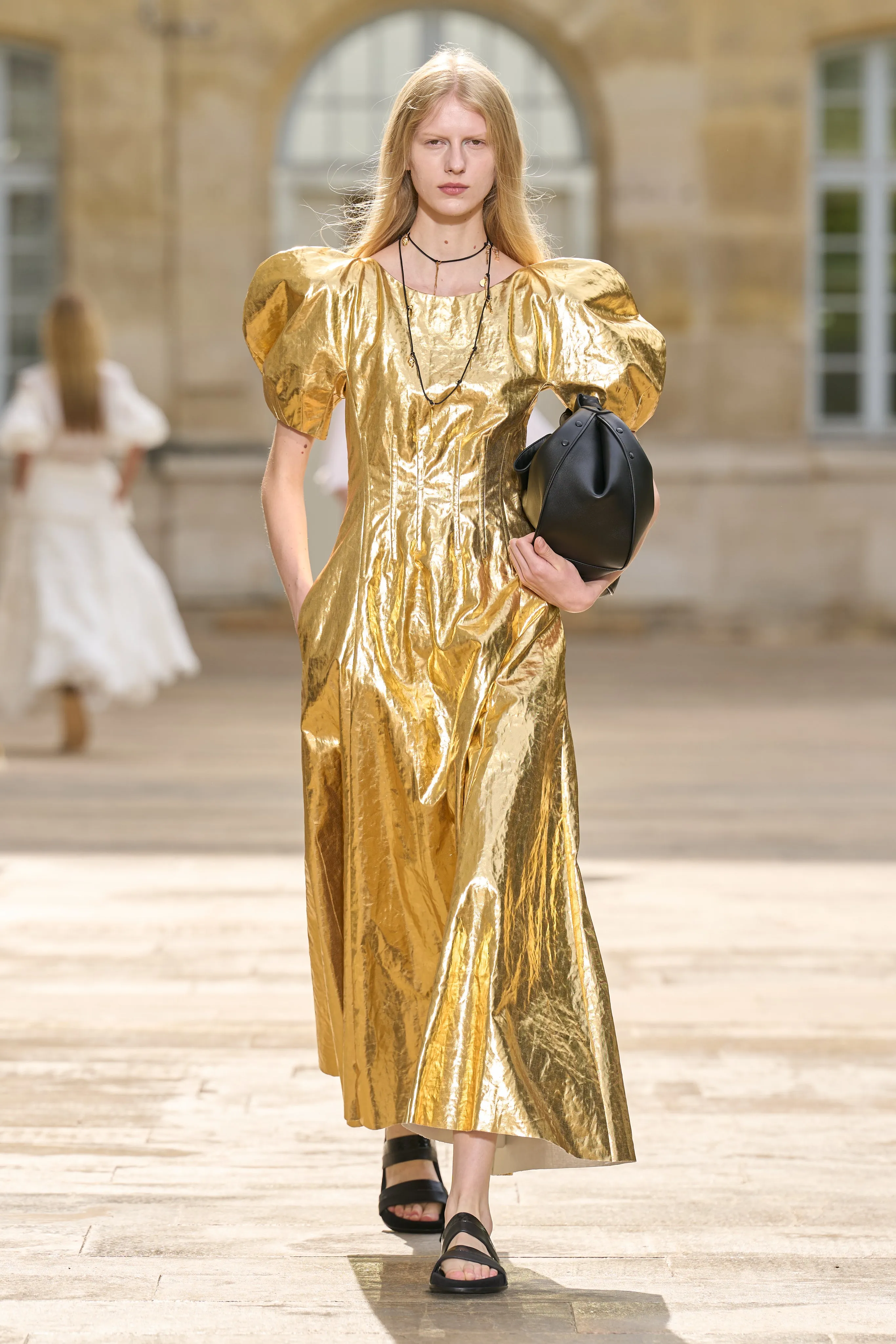 Ranya Puff Sleeve Maxi Dress in Metallic Gold Linen Twill sold by Gabriela Hearst product image thumbnail 2