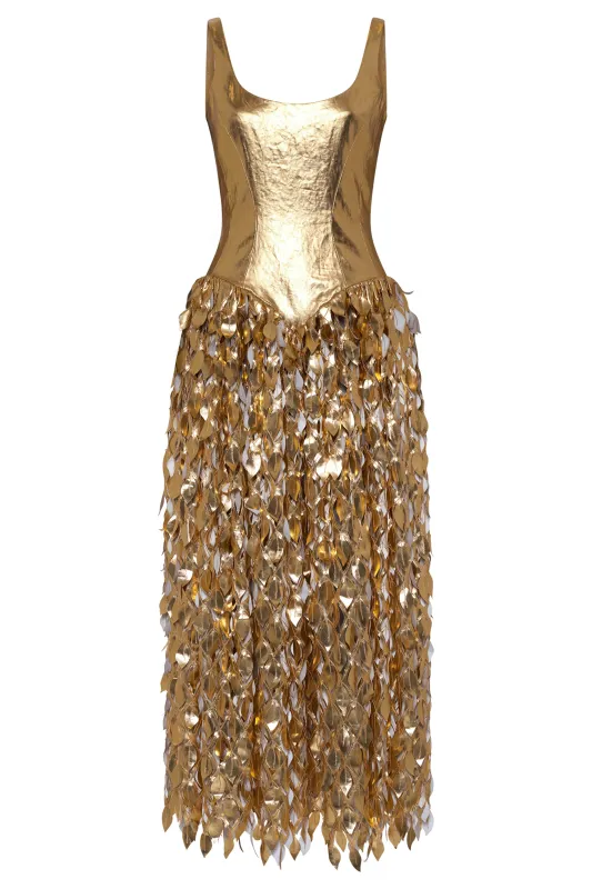 Isai Dress in Recycled Metallic Gold Linen Twill sold by Gabriela Hearst