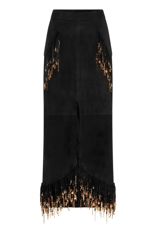 Kaylan Skirt In Black Suede with Rosegold Charms sold by Gabriela Hearst