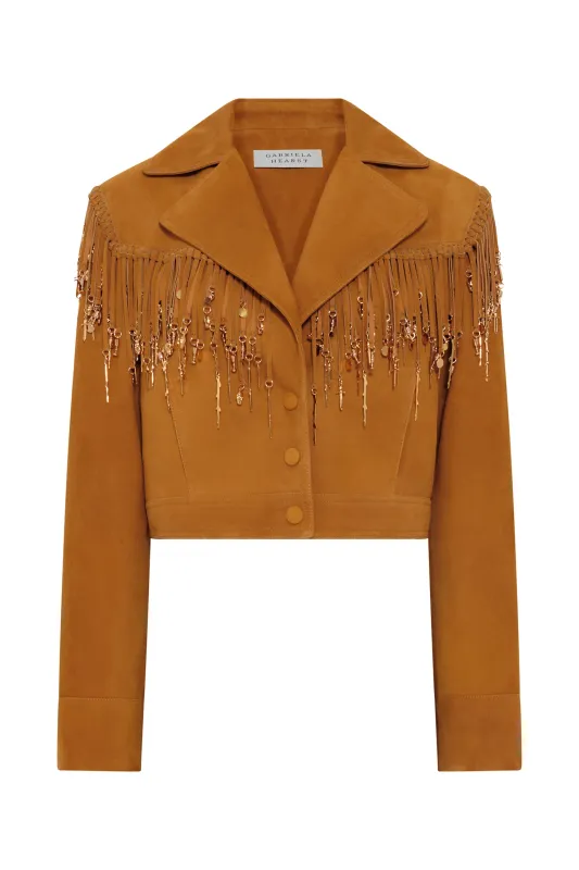 Azra Coat in Cashew Suede with Rosegold Charms sold by Gabriela Hearst