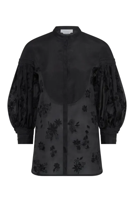 Sofia Mia's Flowers Embroidered Blouse in Black Silk Organza sold by Gabriela Hearst