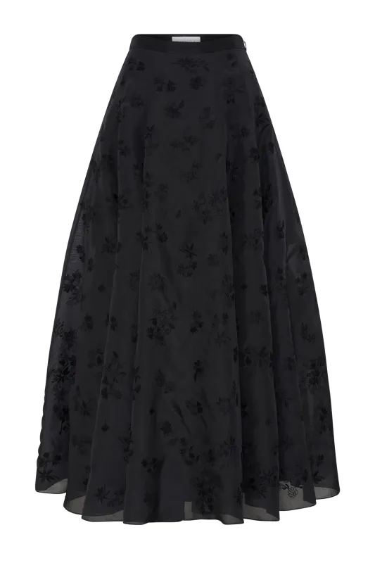 Sonya Mia's Flowers Embroidered Skirt in Black Silk Organza sold by Gabriela Hearst