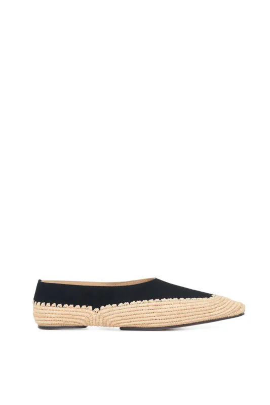 Strength Flat in Black and Beige Suede Raffia sold by Gabriela Hearst