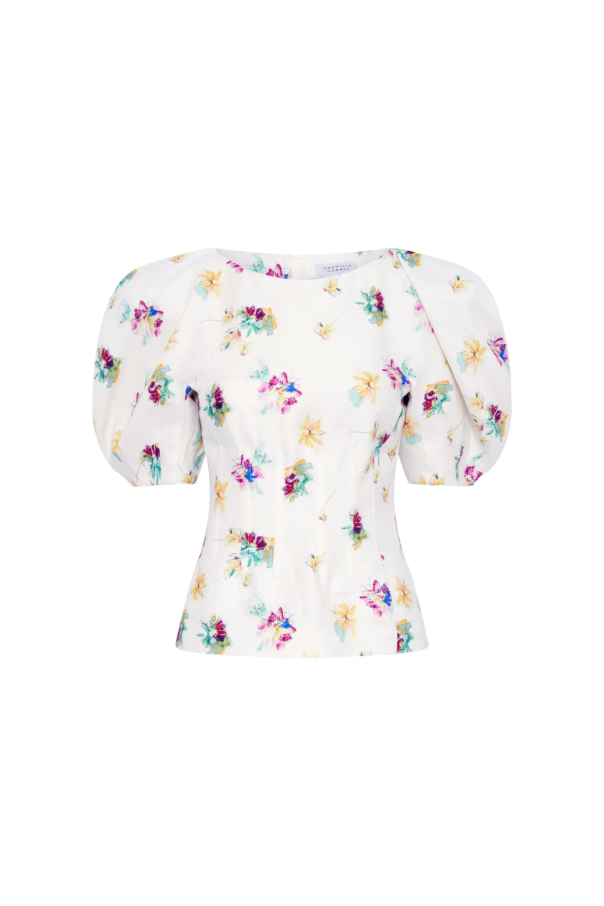 Ayelet Top in Ivory Mia's Flowers Printed Linen Twill sold by Gabriela Hearst