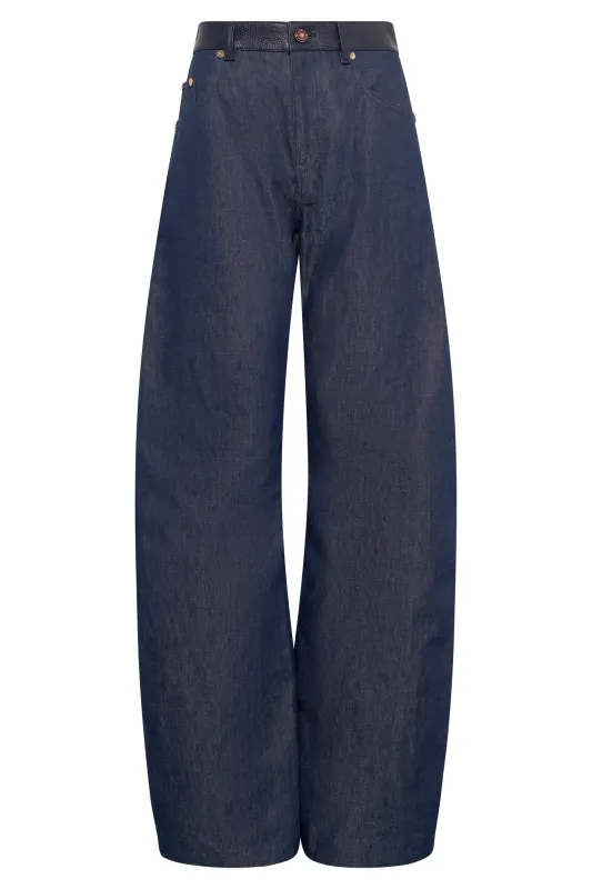 Lucian Jean in Indigo Blue Recycled Cotton Linen Denim & Textured Leather sold by Gabriela Hearst
