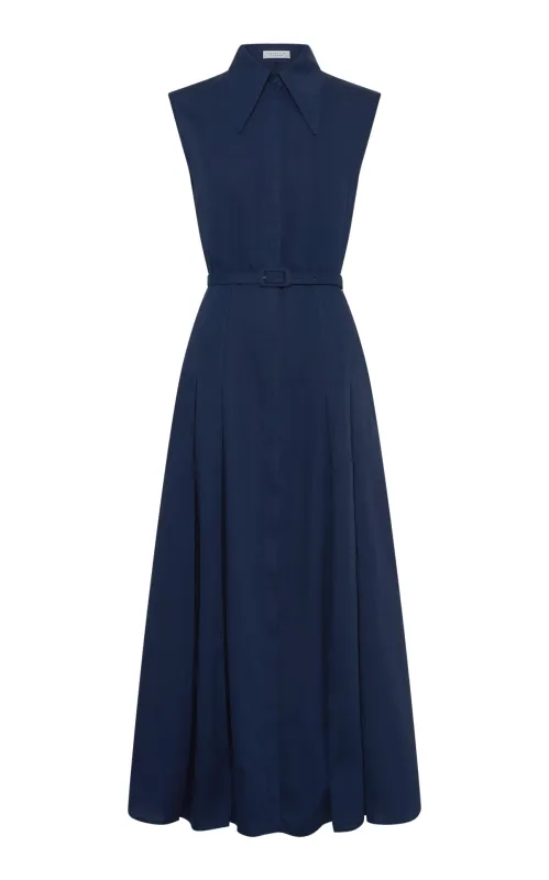 Durand Pleated Maxi Shirtdress in Electric Navy Linen sold by Gabriela Hearst