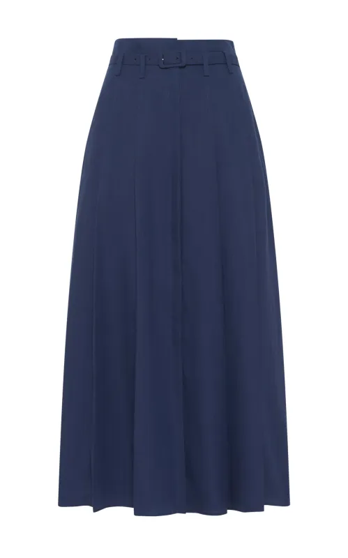Dugald Pleated Midi Skirt in Electric Navy Aloe Linen sold by Gabriela Hearst