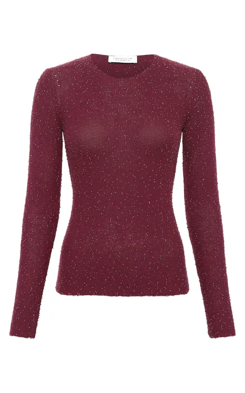 Nello Knit Sweater in Bordeaux Beaded Cashmere Silk sold by Gabriela Hearst