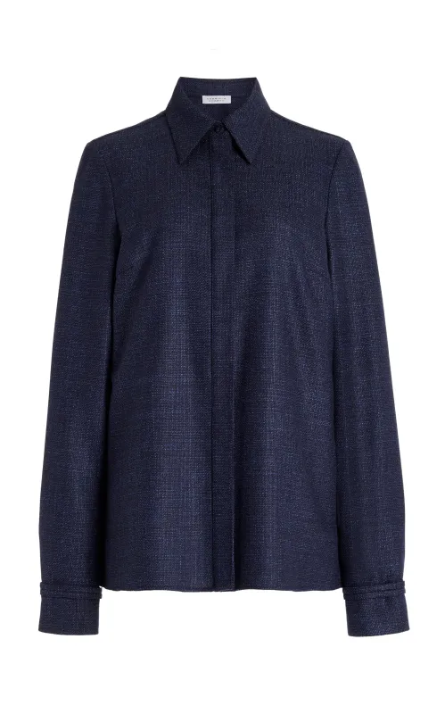 Cruz Shirt in Dark Navy Virgin Wool Silk Tweed sold by Gabriela Hearst