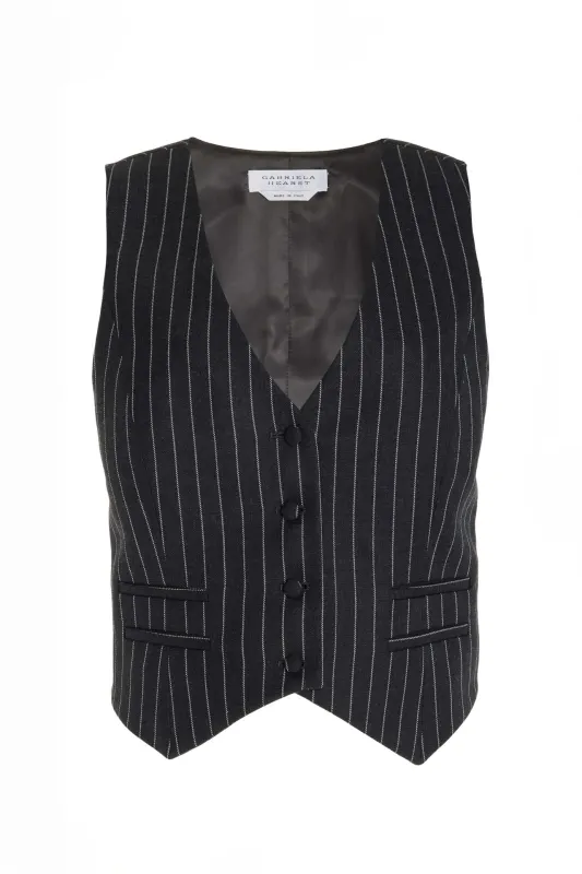 Zeta Vest in Grey Pinstripe Wool sold by Gabriela Hearst