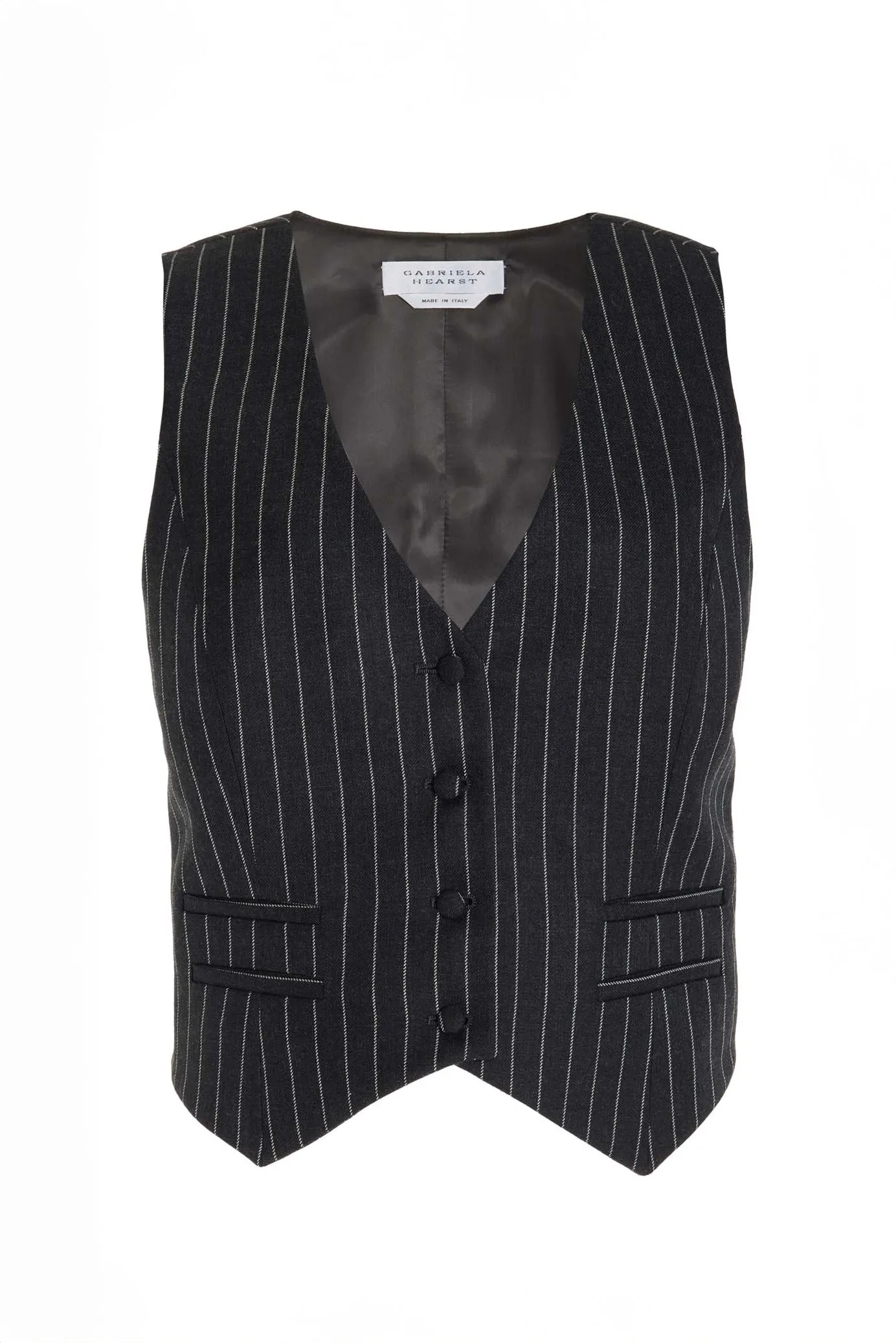 Zeta Vest in Grey Pinstripe Wool sold by Gabriela Hearst