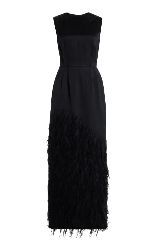 Maslow Feather Maxi Dress in Black Silk Satin made by Gabriela Hearst
